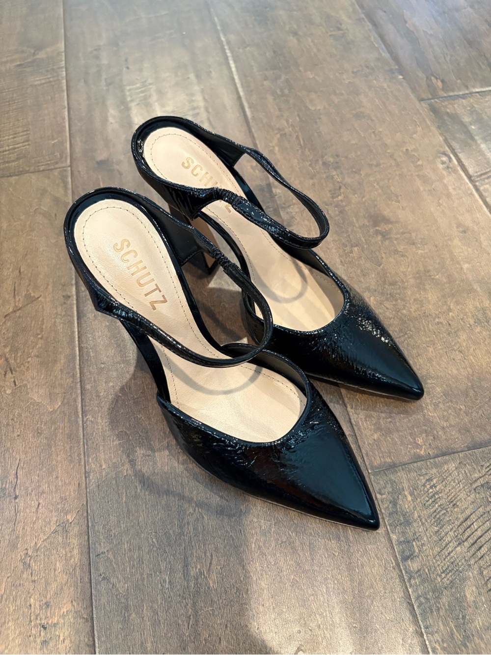 SCHUTZ Black Patent Pointed Slingback Heels